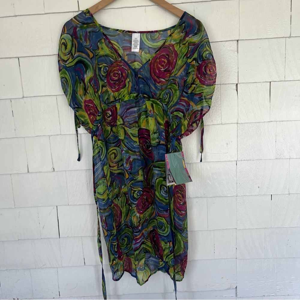 Womens Medium Carlos Falchi And Mark Rio Floral Sheer Mini Smock Dress NWT Beach